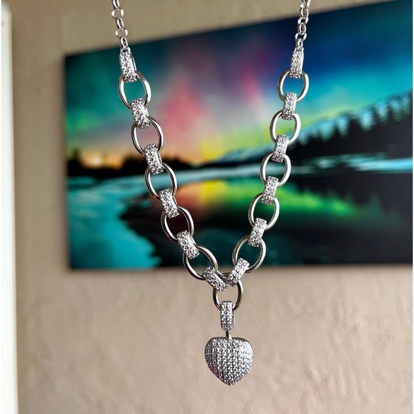 Platinum plated Clear cubic zirconia rhinestone cz heart silver valentine choker - Picture 10 of 11